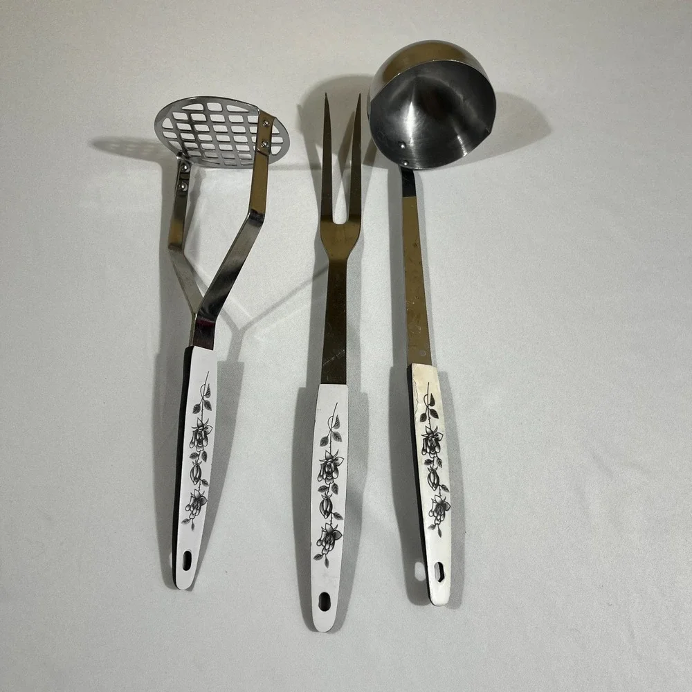 Vtg Japan Stainless Steel Kitchen Utensil Set Black Rose Floral MCM 3pc‎ White